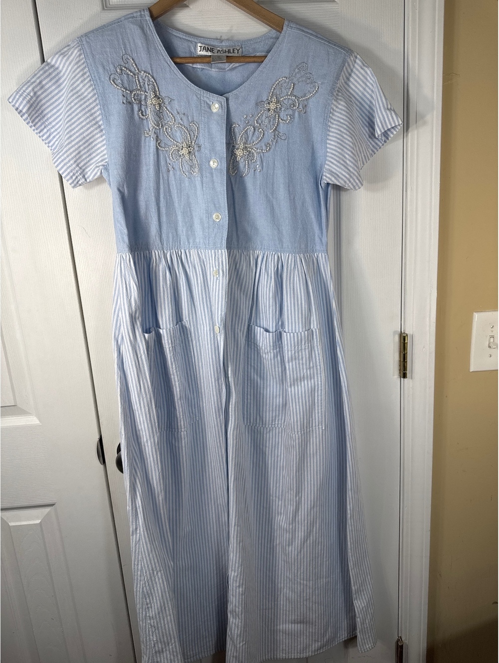 Vintage Jane Ashley Light Blue Cotton Dress with Embroidered Front and Striped P